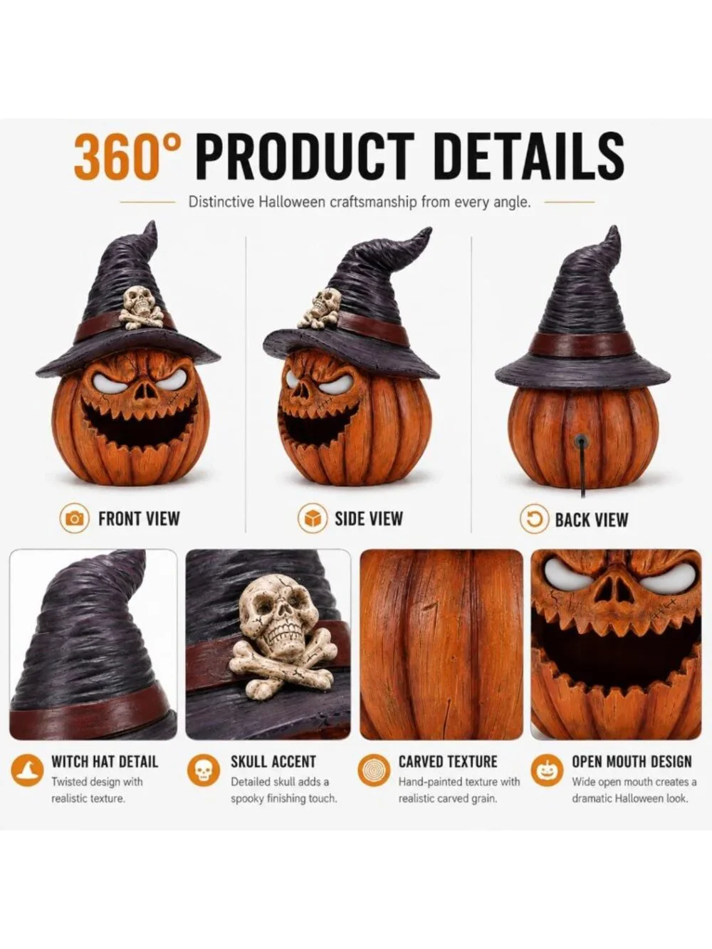 Glowing Halloween Pumpkin Decor with Mist Maker & Lighted Witch Hat - USB-C